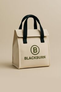 Structured beige canvas lunch bag with black handles and green BLACKBURN logo on front, standing against neutral background